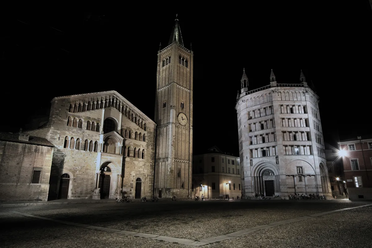 The Duomo and the Baptistery in Parma at night